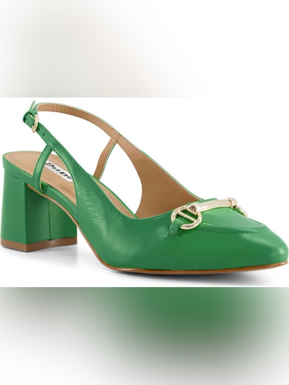 Dune London Green Leather Block Heel Slingback with Gold Hardware